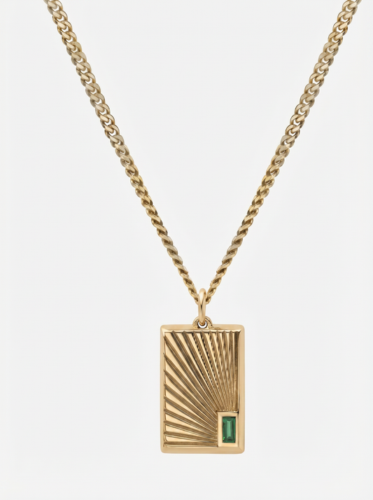Men’s Emerald Cut Green Stone Pendant | Geometric Sunburst Bar Design
