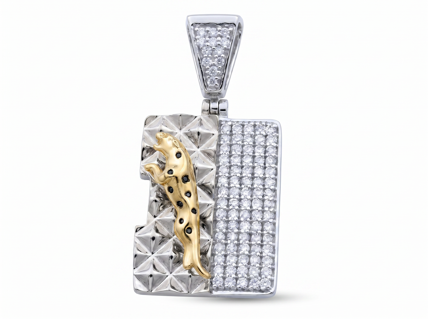 men’s round brilliant diamond pendant | leopard motif textured dual panel design