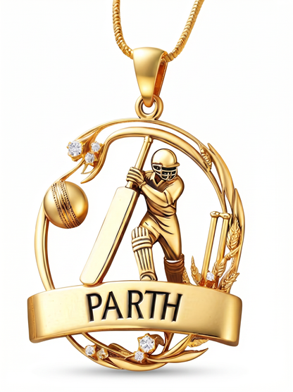 Men’s Round Brilliant Diamond Pendant | Cricket Player Personalized Name Frame Design