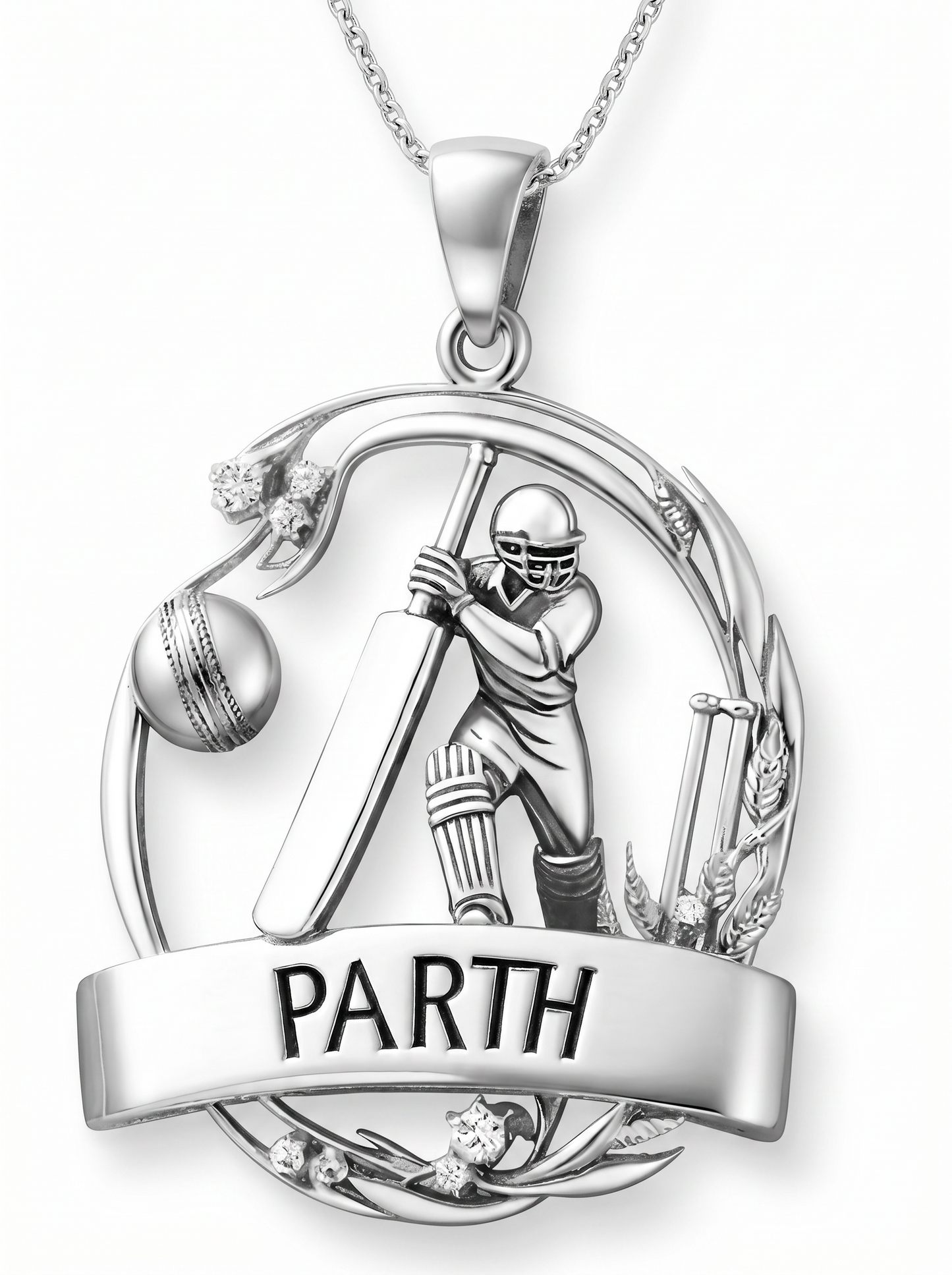 men’s round brilliant diamond pendant | cricket player personalized name frame design