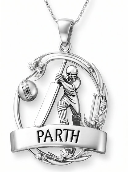 Men’s Round Brilliant Diamond Pendant | Cricket Player Personalized Name Frame Design
