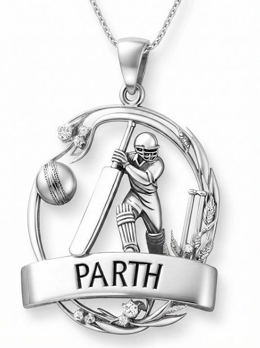 Men’s Round Brilliant Diamond Pendant | Cricket Player Personalized Name Frame Design