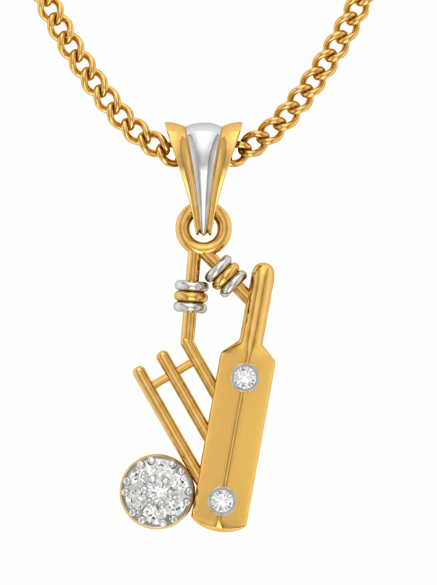 men’s round brilliant diamond pendant | cricket bat ball and stumps minimal sports design