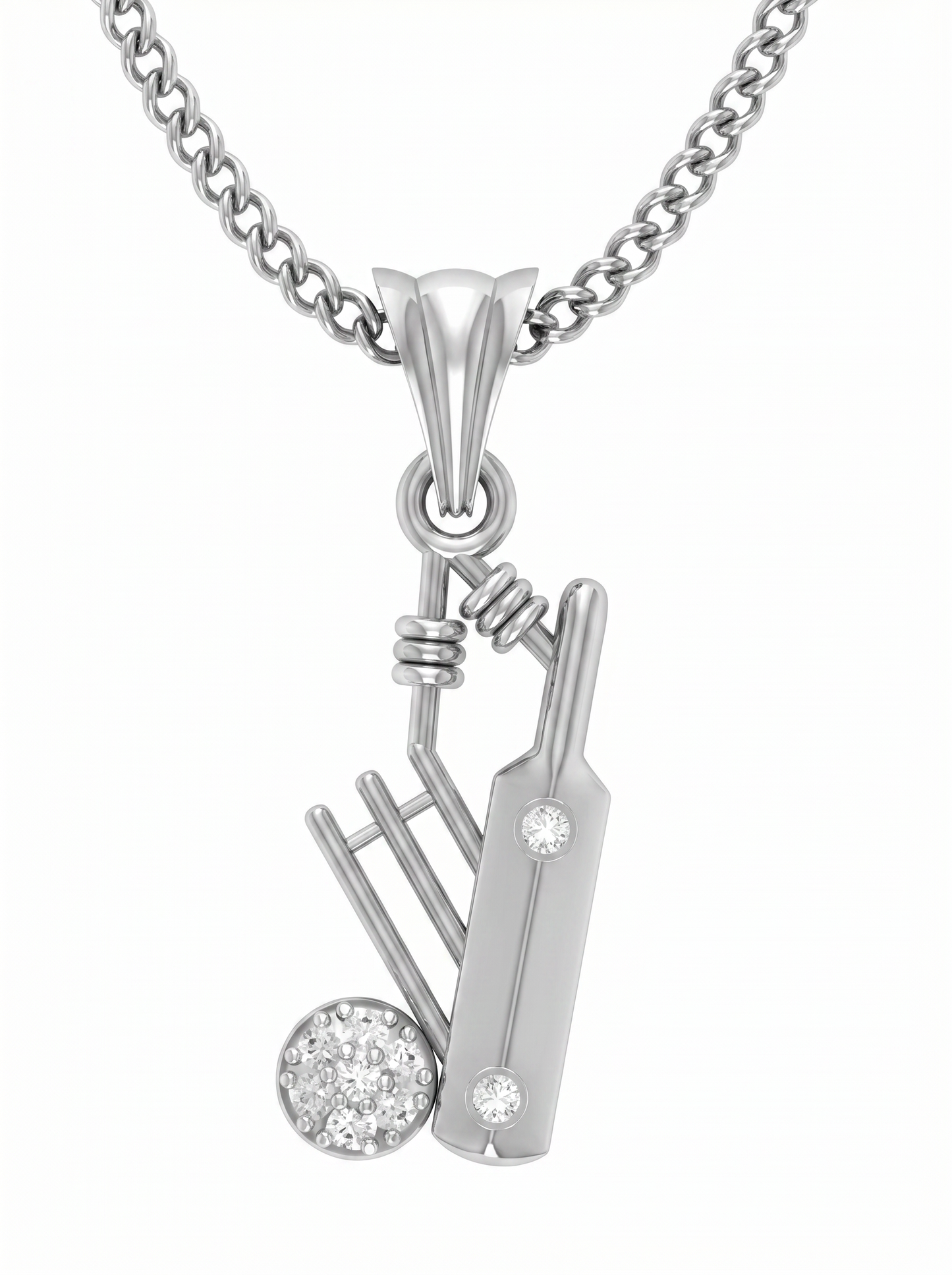 men’s round brilliant diamond pendant | cricket bat ball and stumps minimal sports design