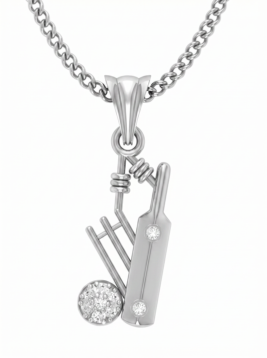Men’s Round Brilliant Diamond Pendant | Cricket Bat Ball and Stumps Minimal Sports Design
