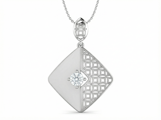 Art Deco Geometric Diamond Pendant | Round Brilliant Cut Dual Texture Lattice Design