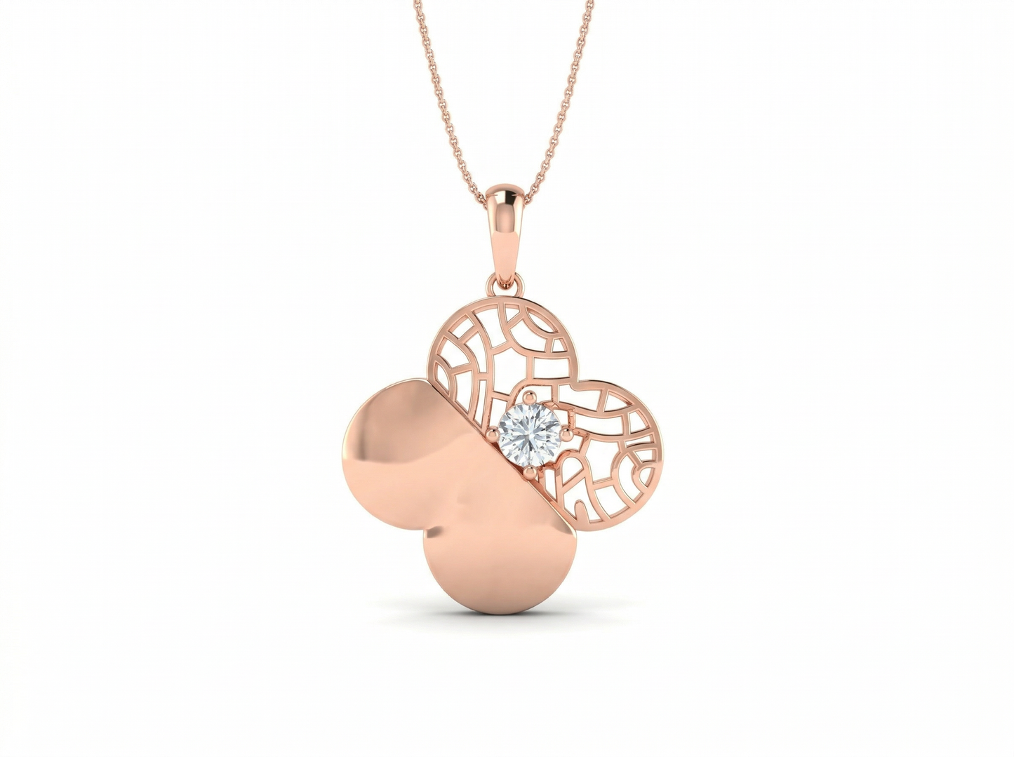 modern clover diamond pendant | dual texture lattice prong setting