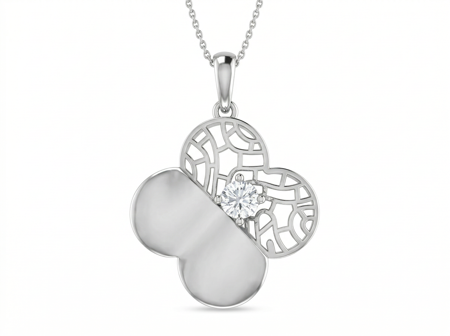 modern clover diamond pendant | dual texture lattice prong setting