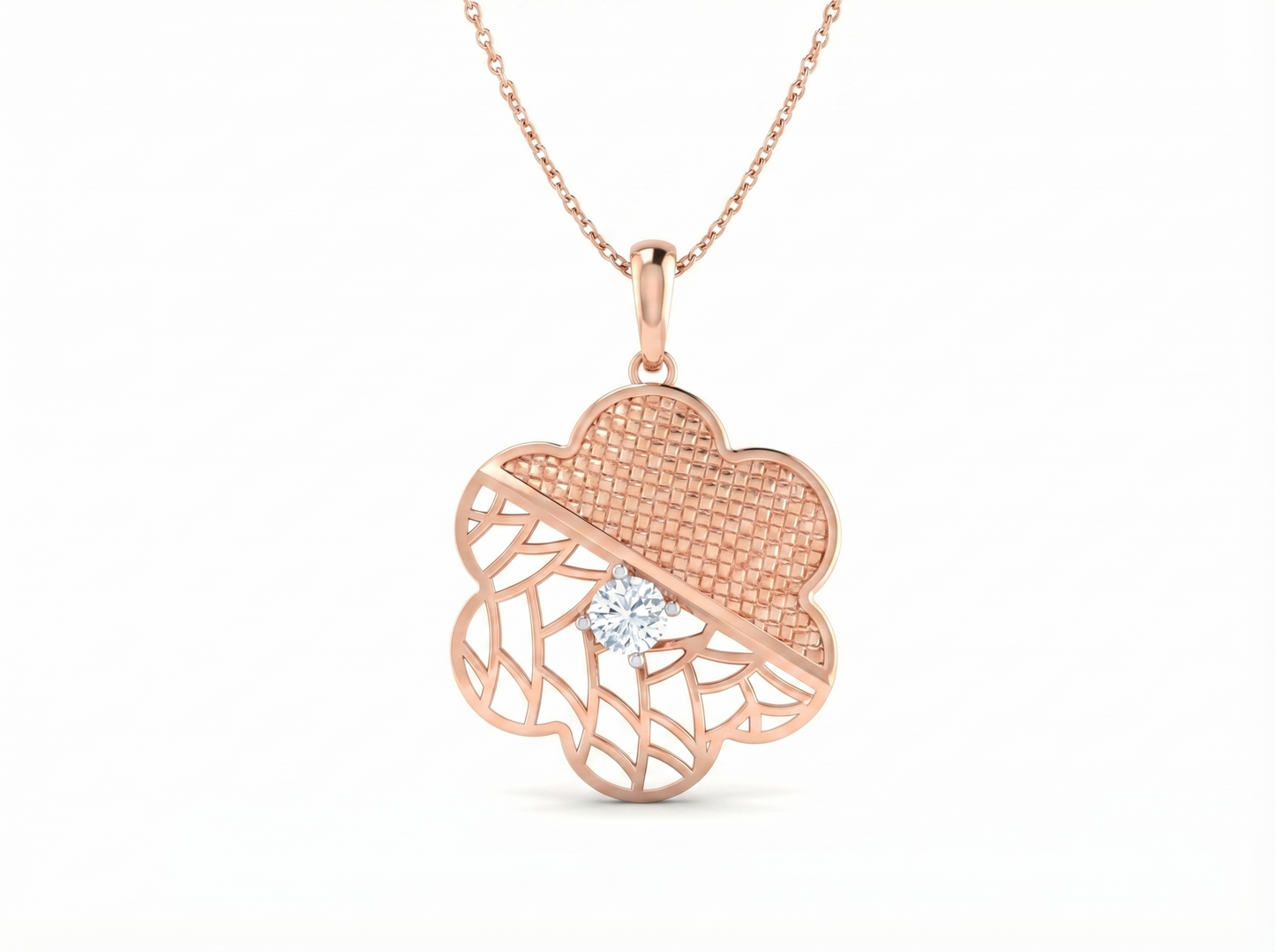 textured clover diamond pendant | dual texture lattice vine prong setting