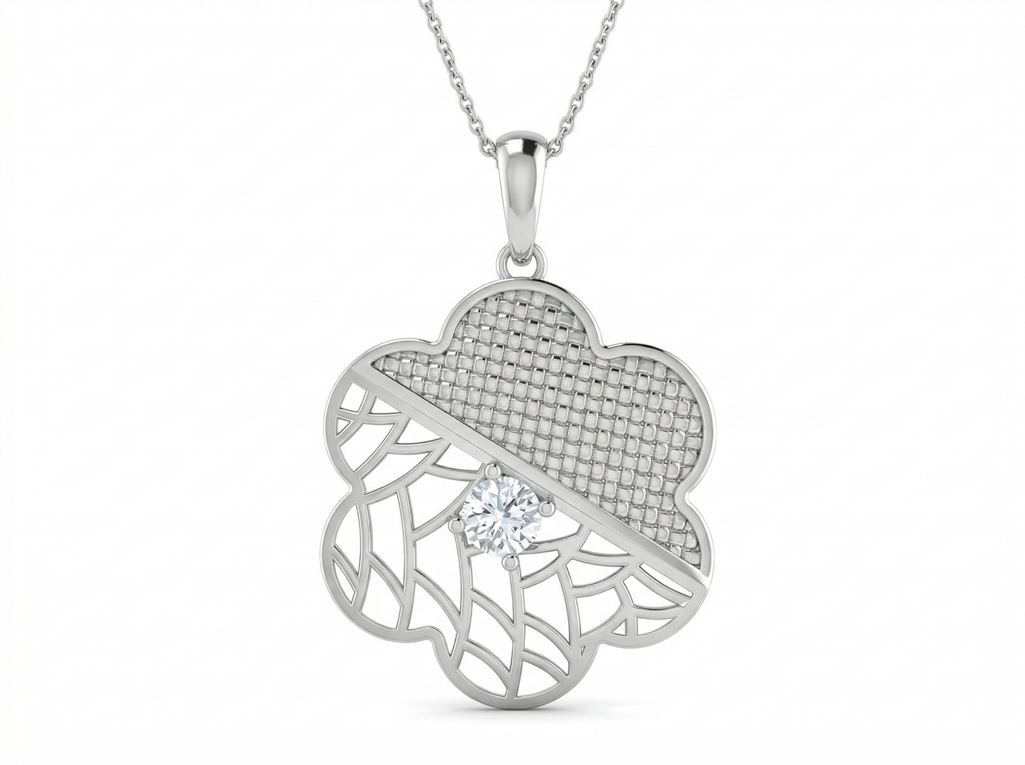 textured clover diamond pendant | dual texture lattice vine prong setting