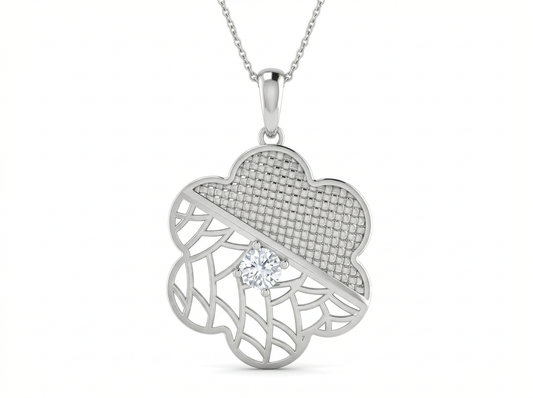 Textured Clover Diamond Pendant | Dual Texture Lattice Vine Prong Setting