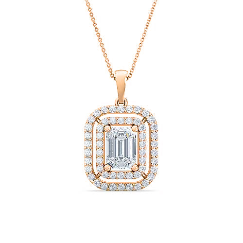 Emerald Cut Diamond Double Halo Solitaire Pendant | Handcrafted Pavé Setting
