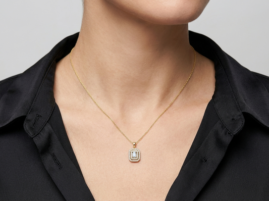 Emerald Cut Diamond Double Halo Solitaire Pendant | Handcrafted Pavé Setting
