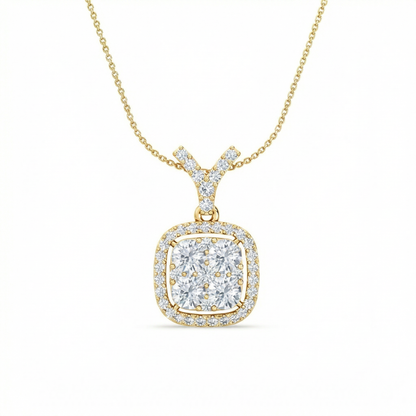 Halo Cluster Diamond Pendant | Round Cut Pavé Halo Encircled Classic Jewelry