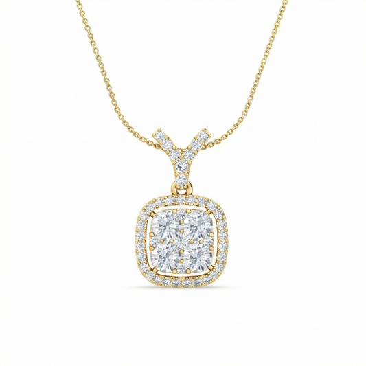 Halo Cluster Diamond Pendant | Round Cut Pavé Halo Encircled Classic Jewelry