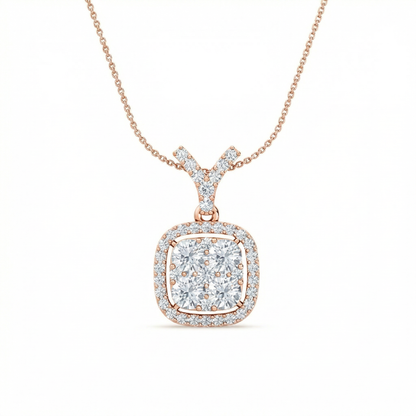 Halo Cluster Diamond Pendant | Round Cut Pavé Halo Encircled Classic Jewelry
