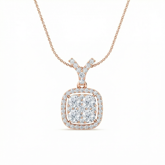 Halo Cluster Diamond Pendant | Round Cut Pavé Halo Encircled Classic Jewelry