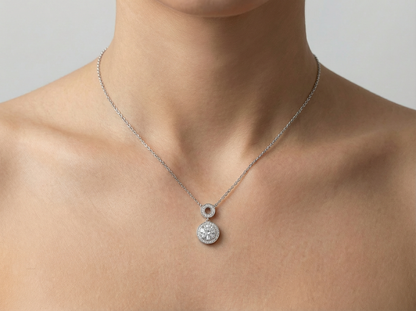 Round Brilliant Diamond Halo Pendant | Elegant Feminine Solitaire Pavé Setting