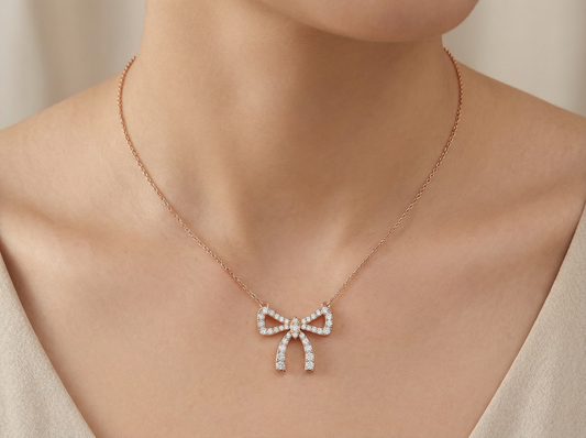 Bow Diamond Pendant | Round Diamond Delicate Bow Statement Jewelry
