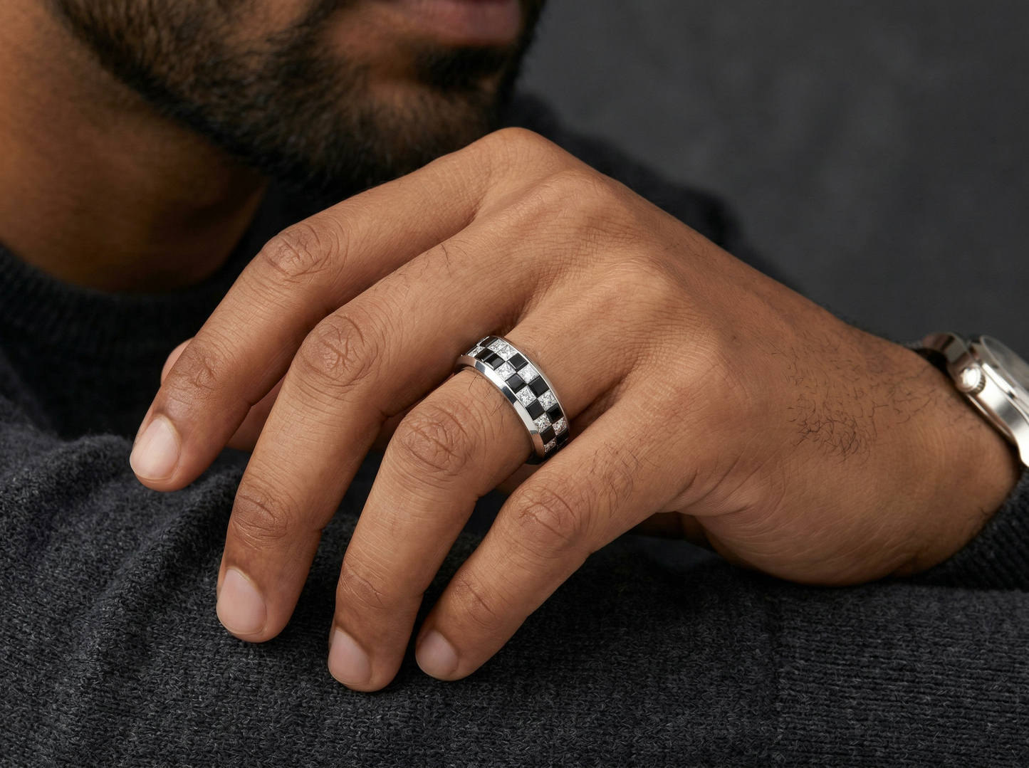 men’s black and white diamond band | princess cut contrast design