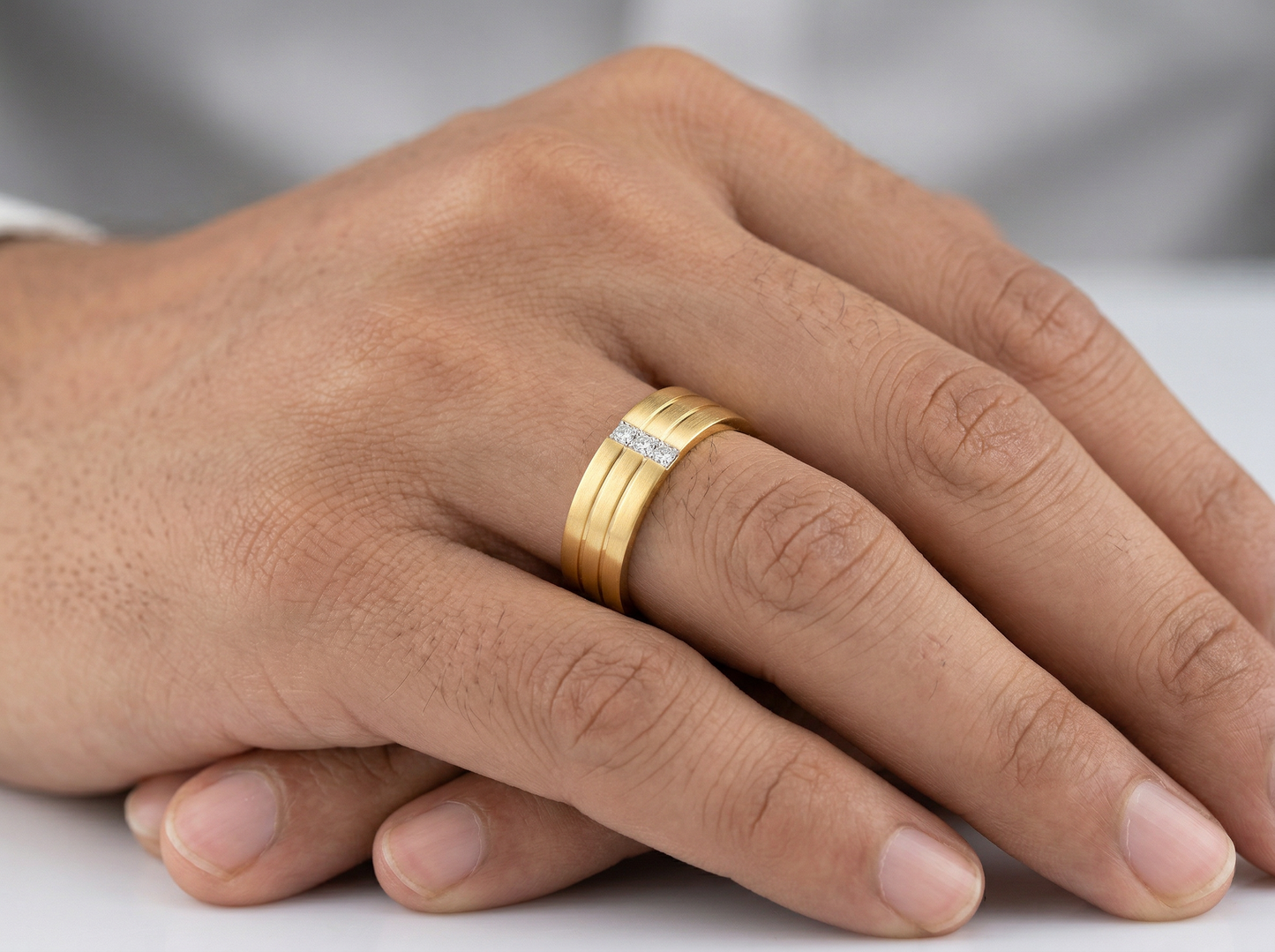 men’s three stone princess cut diamond wedding band | matte finish channel setting