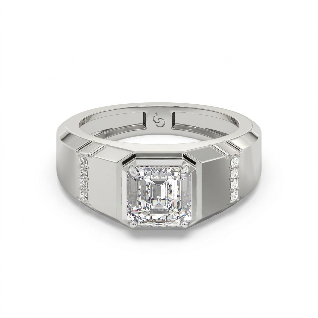 men’s emerald cut diamond ring | bold solitaire with side accents