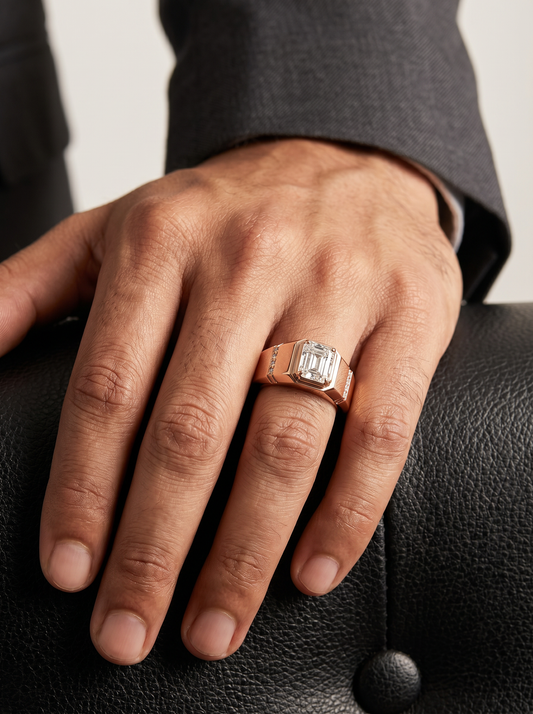 Men’s Emerald Cut Diamond Ring | Bold Solitaire with Side Accents