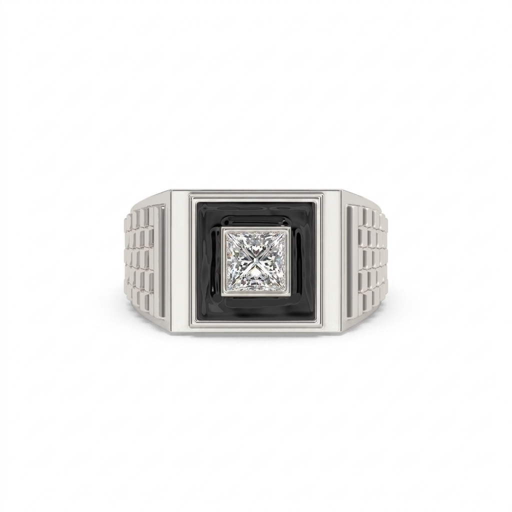 men’s princess cut diamond ring | black enamel geometric signet design