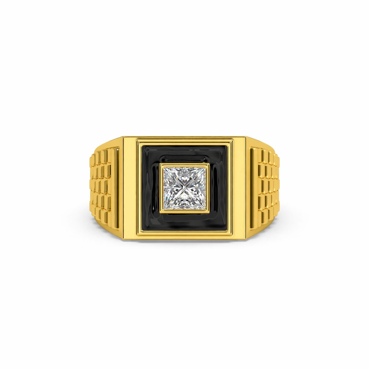 men’s princess cut diamond ring | black enamel geometric signet design