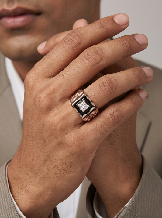 Men’s Princess Cut Diamond Ring | Black Enamel Geometric Signet Design