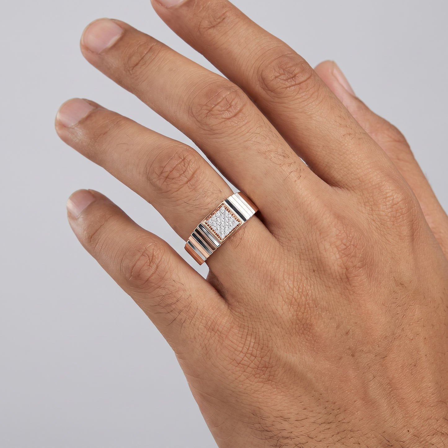 men’s square cluster diamond ring | two tone ribbed band design