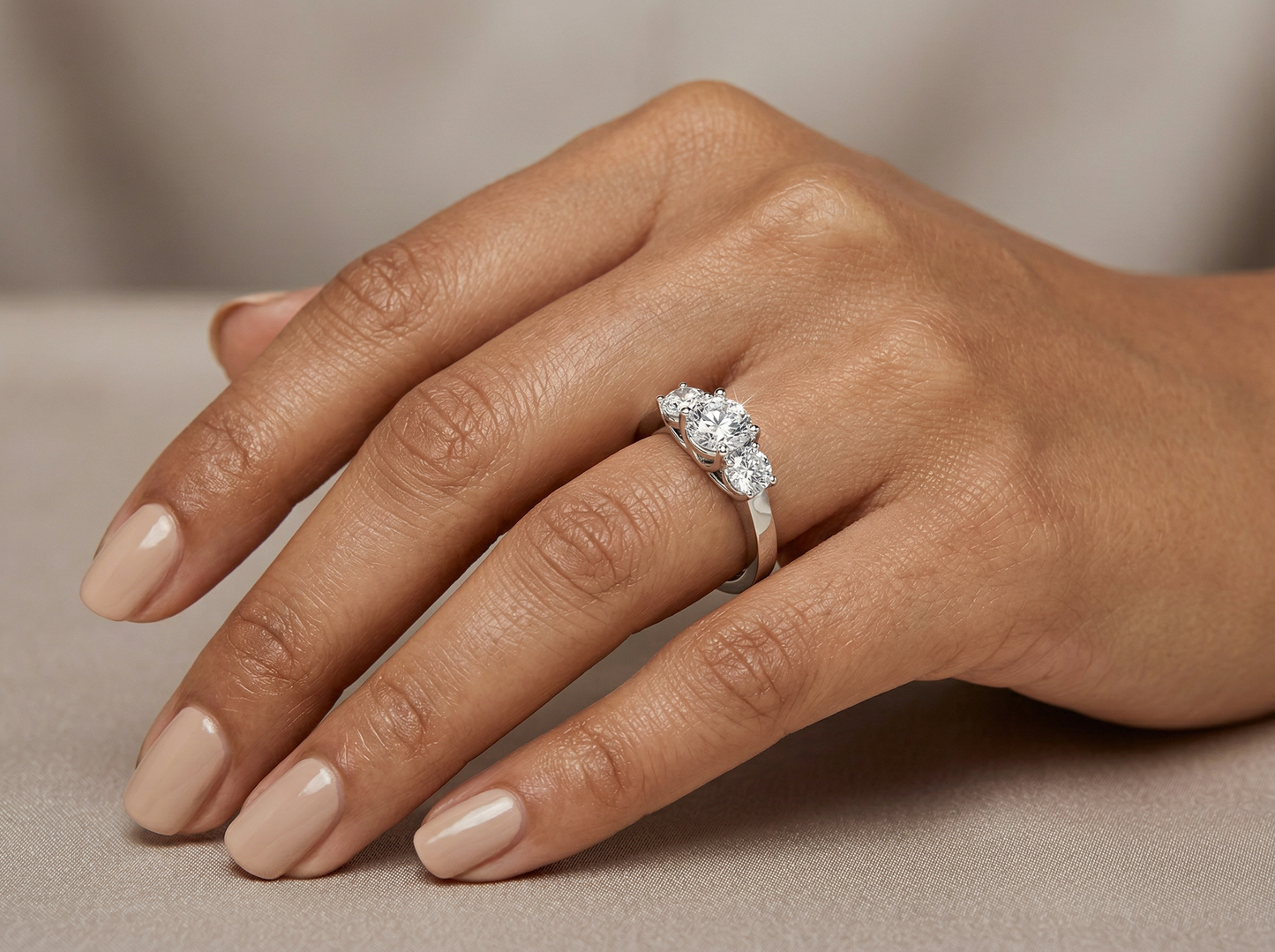 three stone round brilliant diamond engagement ring | classic trilogy setting