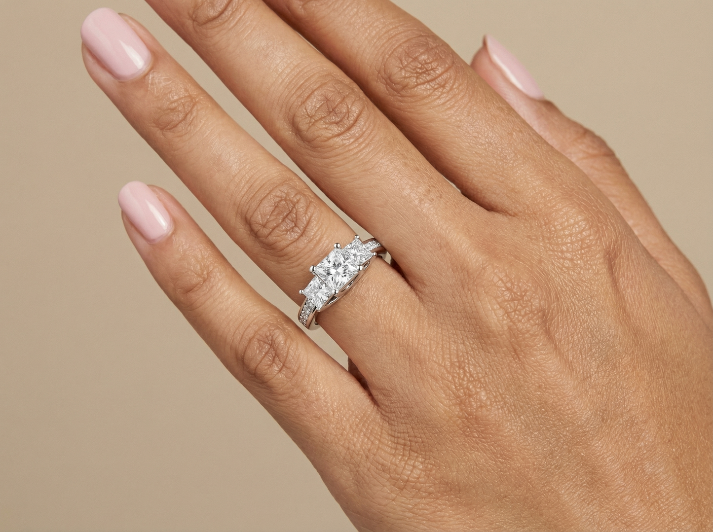 three stone princess cut diamond pavé engagement ring | classic trilogy setting