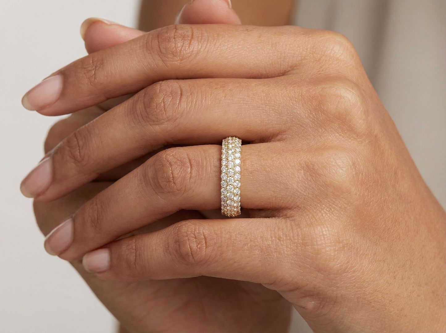 round brilliant cut diamond triple row pavé eternity ring | classic pavé setting