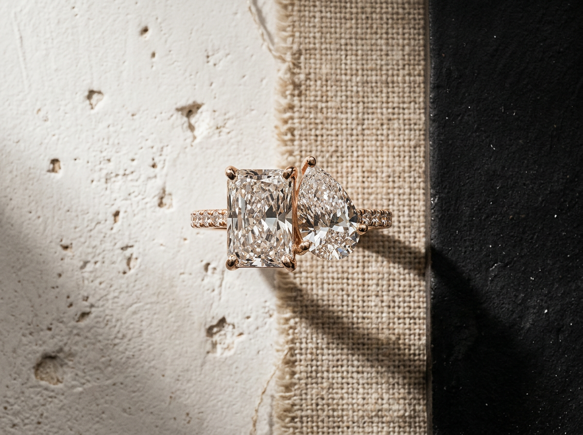 radiant & pear cut diamond toi et moi ring | dual stone pavé band