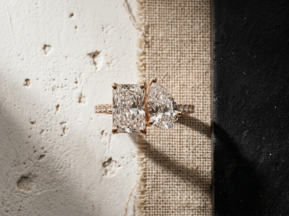 Radiant & Pear Cut Diamond Toi et Moi Ring | Dual Stone Pavé Band
