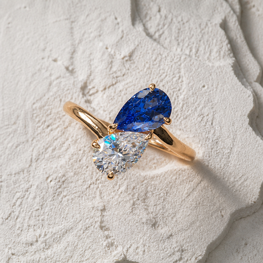 Pear Cut Diamond & Blue Color StoneToi et Moi Ring | Two Stone Statement Design
