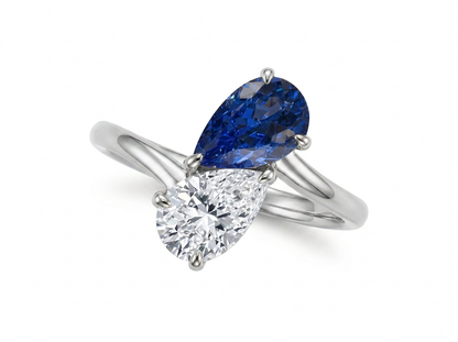 Pear Cut Diamond & Blue Color StoneToi et Moi Ring | Two Stone Statement Design