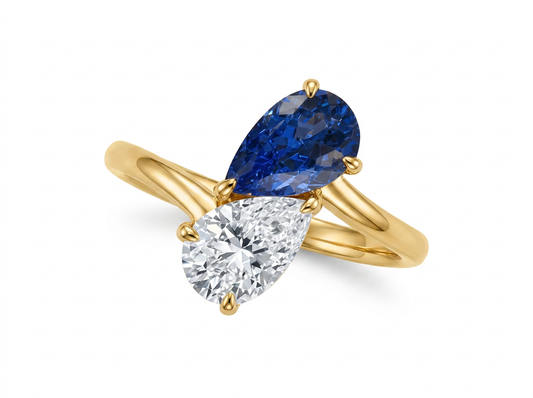 Pear Cut Diamond & Blue Color StoneToi et Moi Ring | Two Stone Statement Design