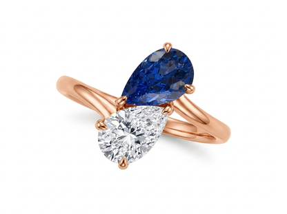 Pear Cut Diamond & Blue Color StoneToi et Moi Ring | Two Stone Statement Design