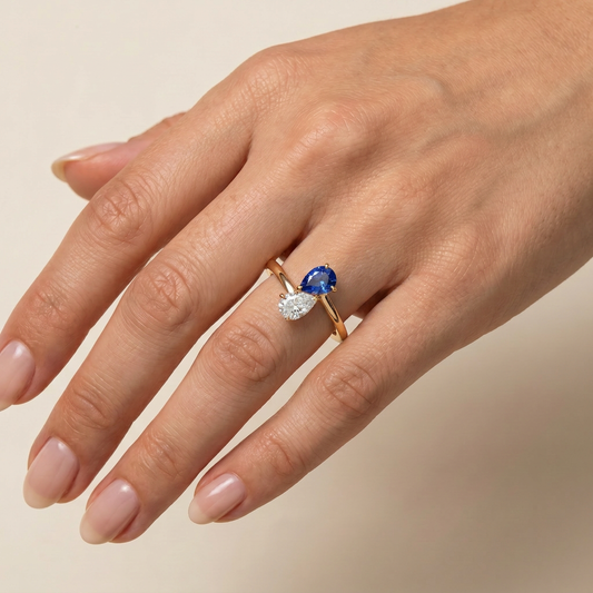Pear Cut Diamond & Blue Color StoneToi et Moi Ring | Two Stone Statement Design