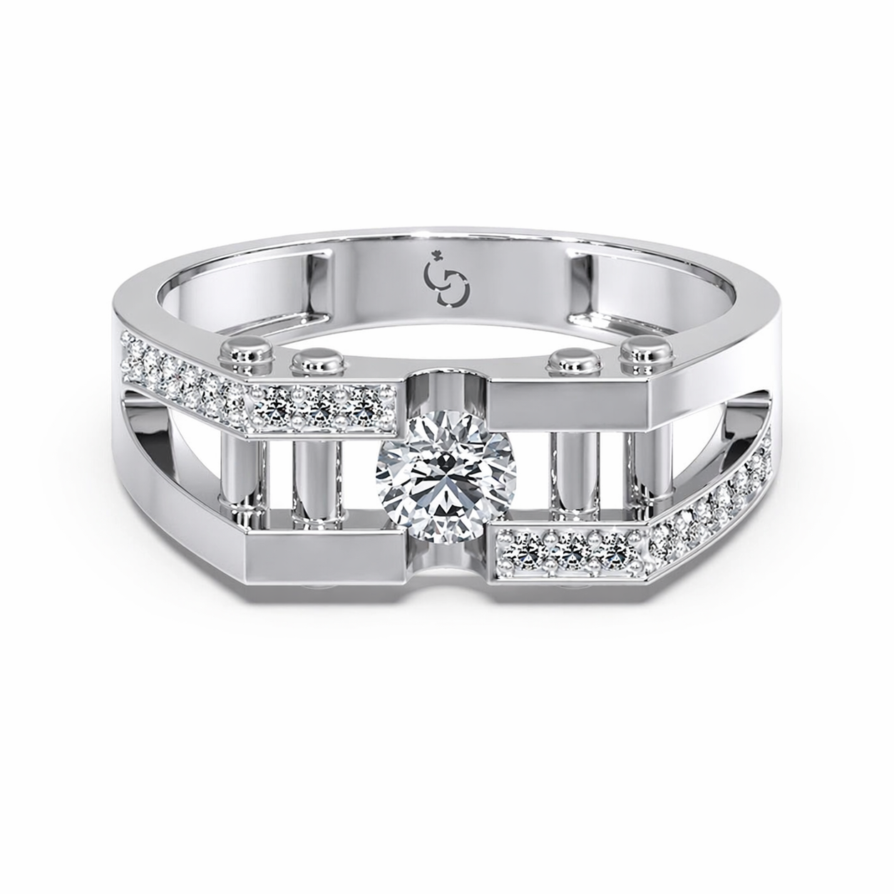 men’s round brilliant diamond ring | geometric openwork band pavé accents