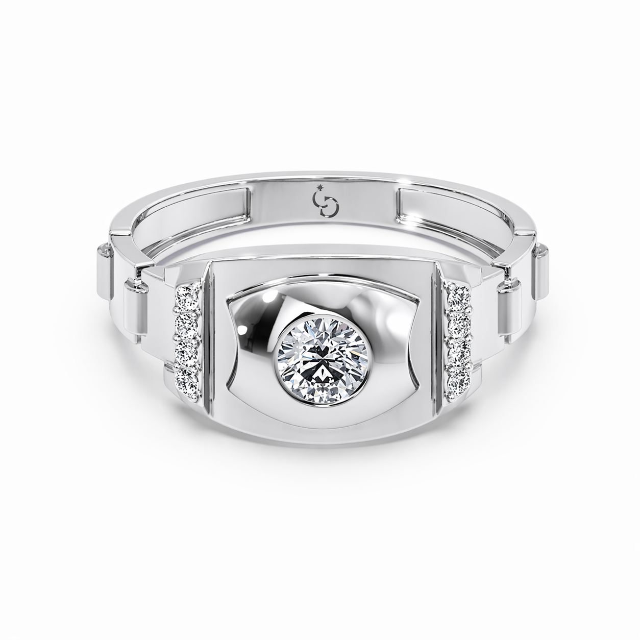 men’s round brilliant diamond ring | bold shield design side diamond accents