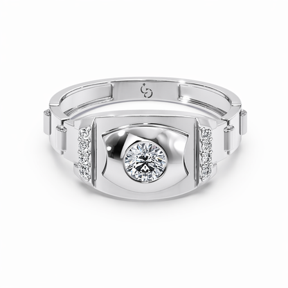 Men’s Round Brilliant Diamond Ring | Bold Shield Design Side Diamond Accents