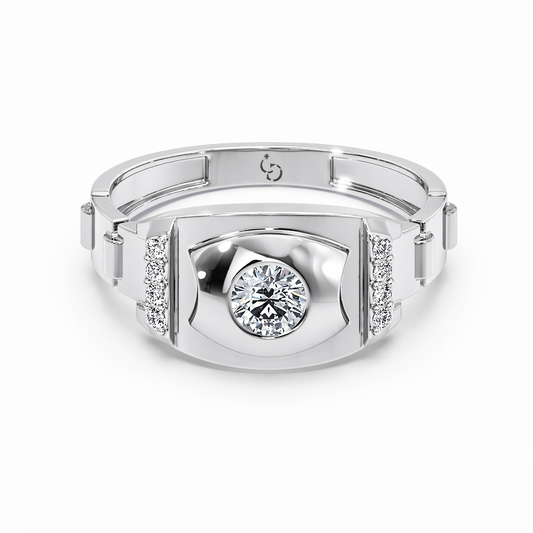 Men’s Round Brilliant Diamond Ring | Bold Shield Design Side Diamond Accents