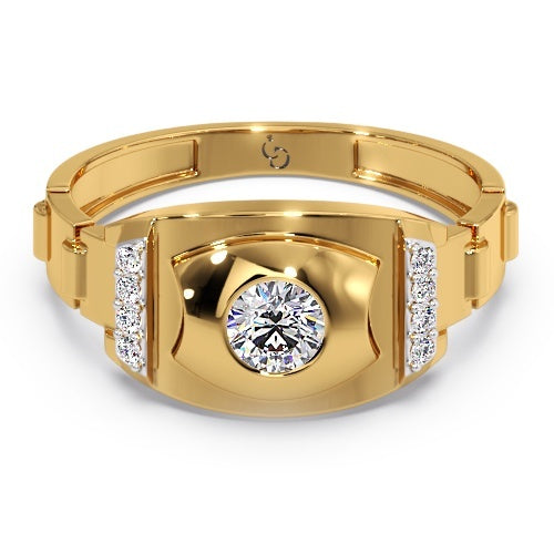 Men’s Round Brilliant Diamond Ring | Bold Shield Design Side Diamond Accents