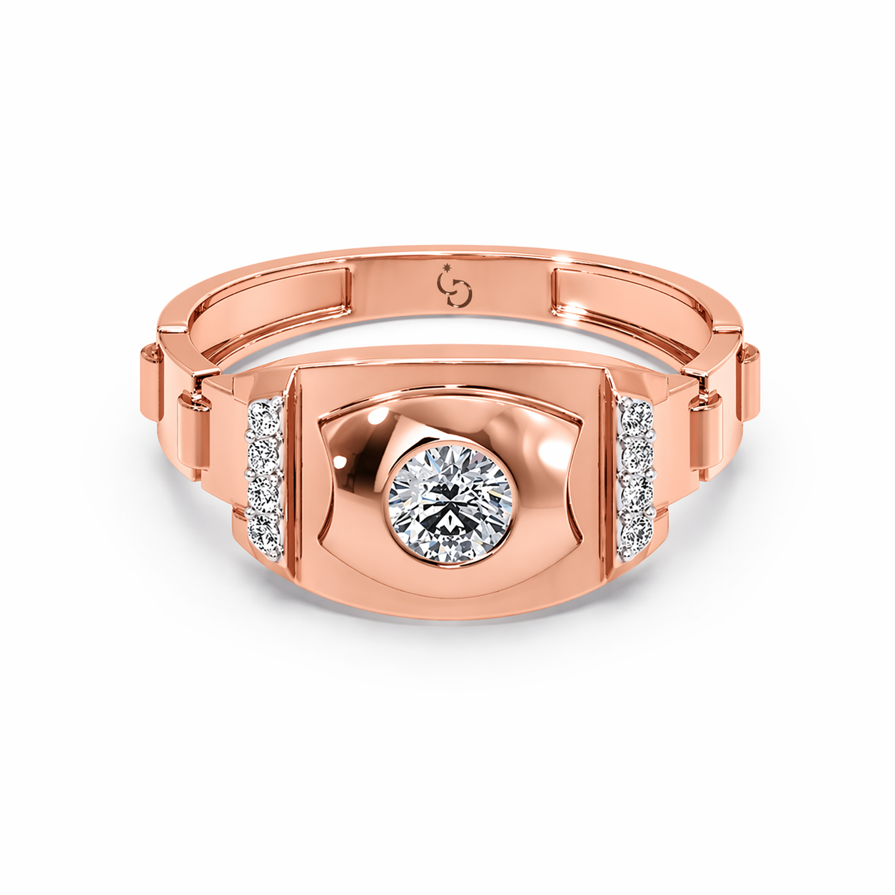 men’s round brilliant diamond ring | bold shield design side diamond accents