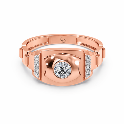 Men’s Round Brilliant Diamond Ring | Bold Shield Design Side Diamond Accents