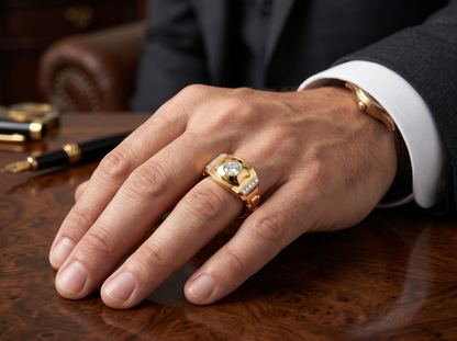 Men’s Round Brilliant Diamond Ring | Bold Shield Design Side Diamond Accents