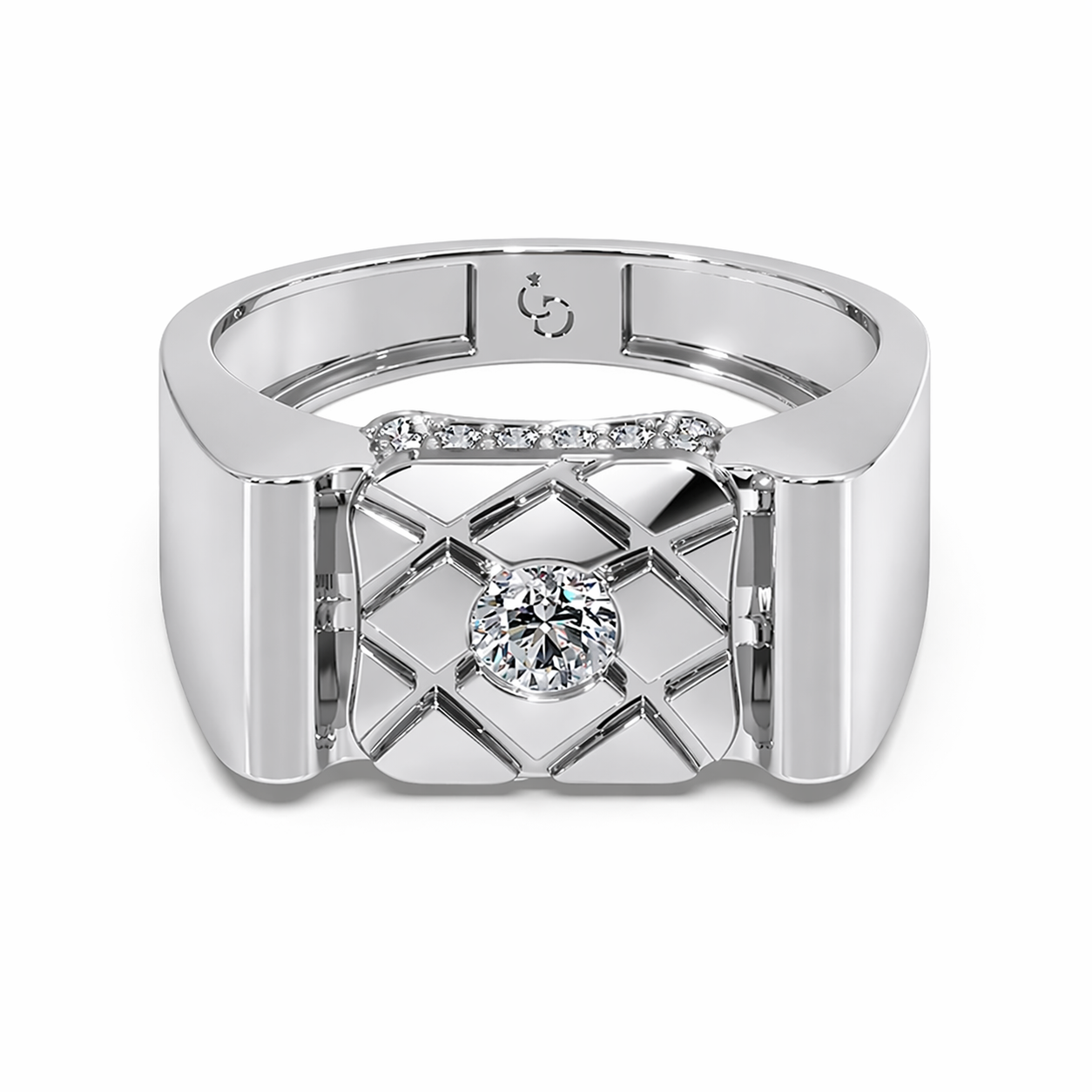 men’s round brilliant diamond ring | geometric lattice design pavé accent band